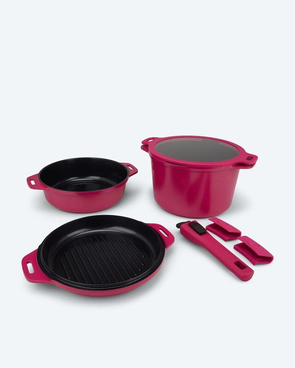 Kochgeschirr-Set mit Griff 5tlg. Bratpfanne, Topf & Grillpfanne Induktion Rosa