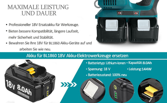 2x Ersatzakku Kompatibel mit Makita 18V Akku 8,0ah 8000mAh Li-ion für Werkzeuge