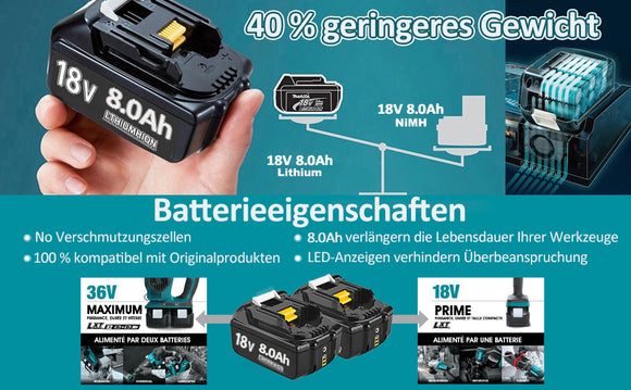 2x Ersatzakku Kompatibel mit Makita 18V Akku 8,0ah 8000mAh Li-ion für Werkzeuge