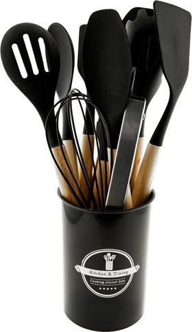 12 teiliges Küchenhelfer-Set aus Silikon Kochgeschirr mit Holzgriff Schwarz