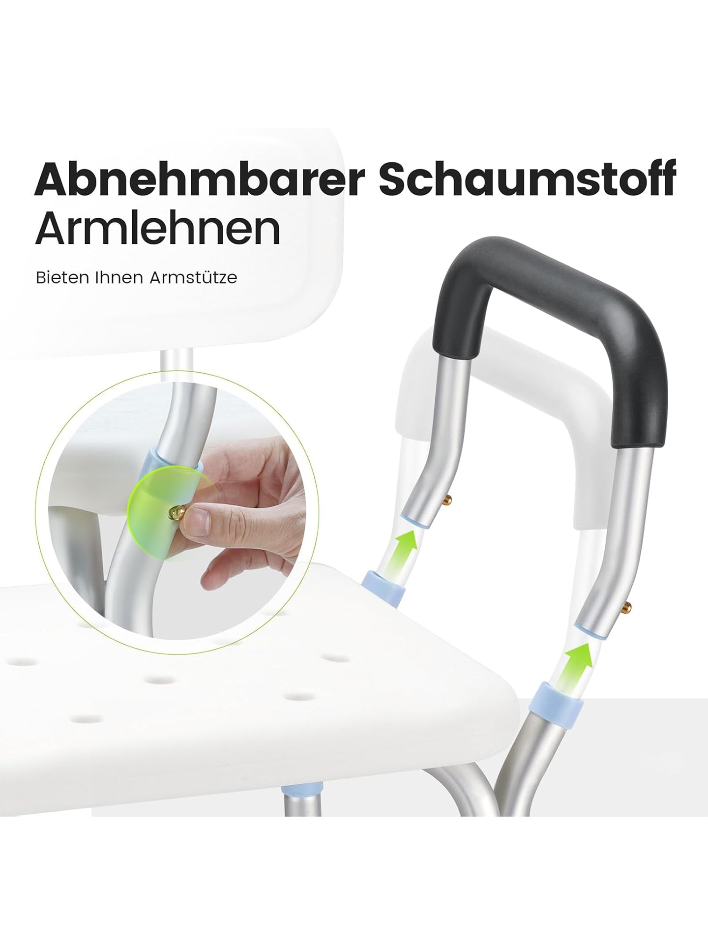 HEAO Duschstuhl mit Rückenlehne und Armlehnen höhenverstellbar 41-53cm bis 136kg