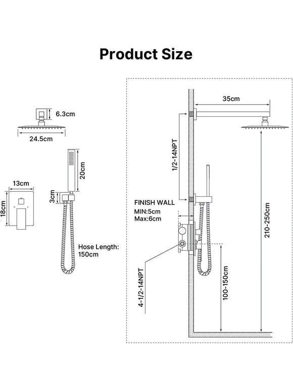 Solepearl 10 Zoll Regendusche Unterputz Duscharmatur Duschsystem Chrom 25 x 25cm
