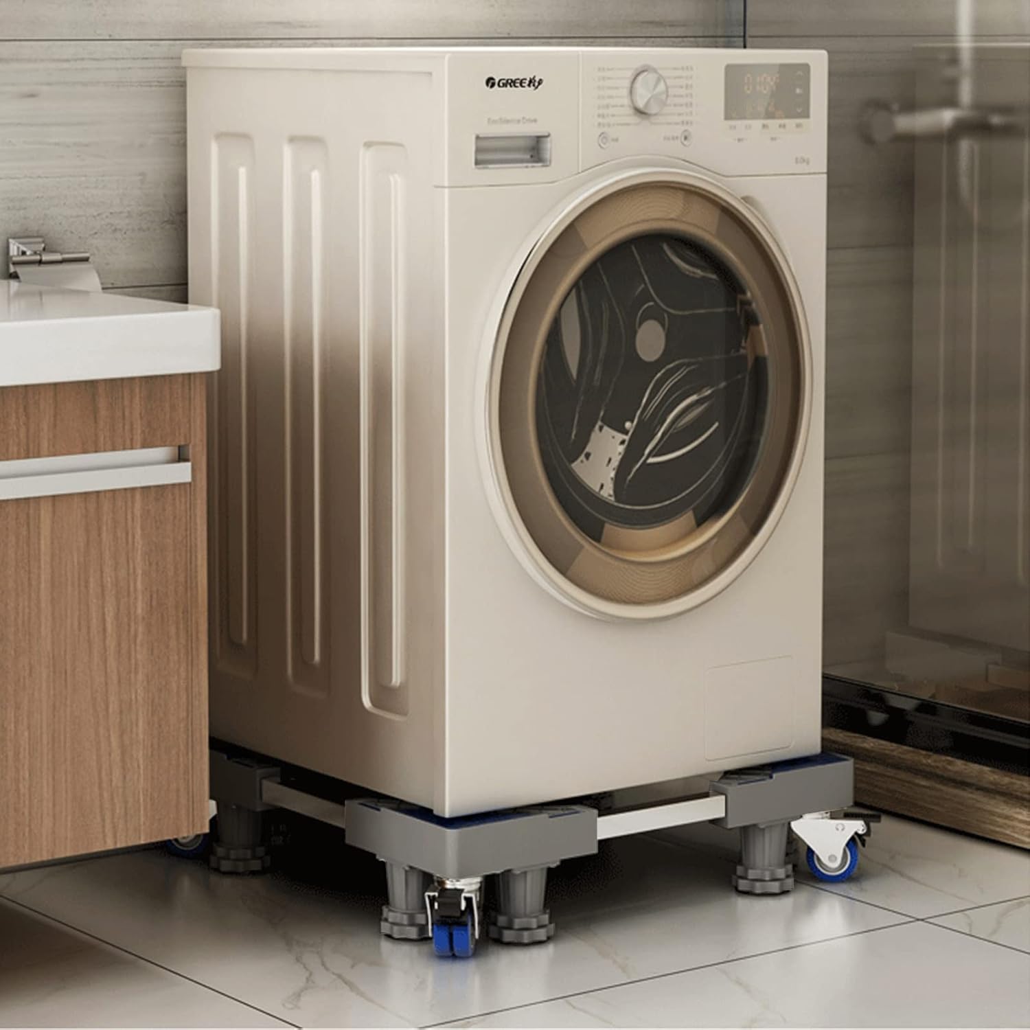 NIUXX Waschmaschine Sockel Untergestell mit 8 Füßen+4 Räder 42-66cm verstellbar