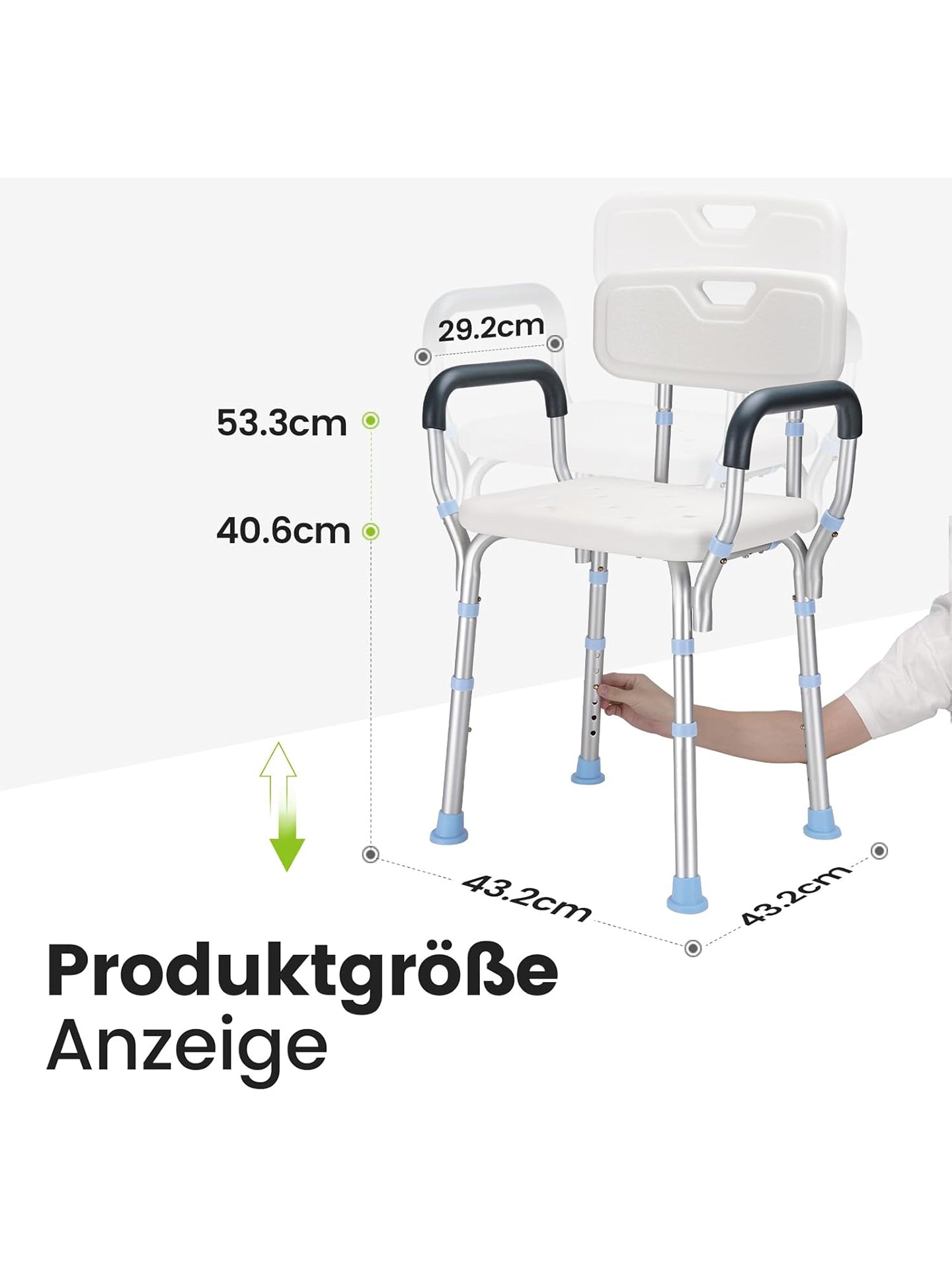 HEAO Duschstuhl mit Rückenlehne und Armlehnen höhenverstellbar 41-53cm bis 136kg