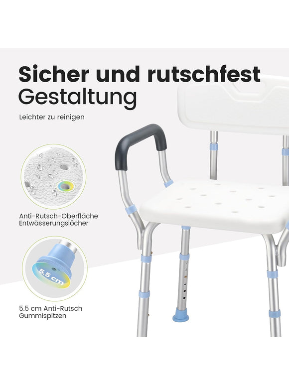 HEAO Duschstuhl mit Rückenlehne und Armlehnen höhenverstellbar 41-53cm bis 136kg