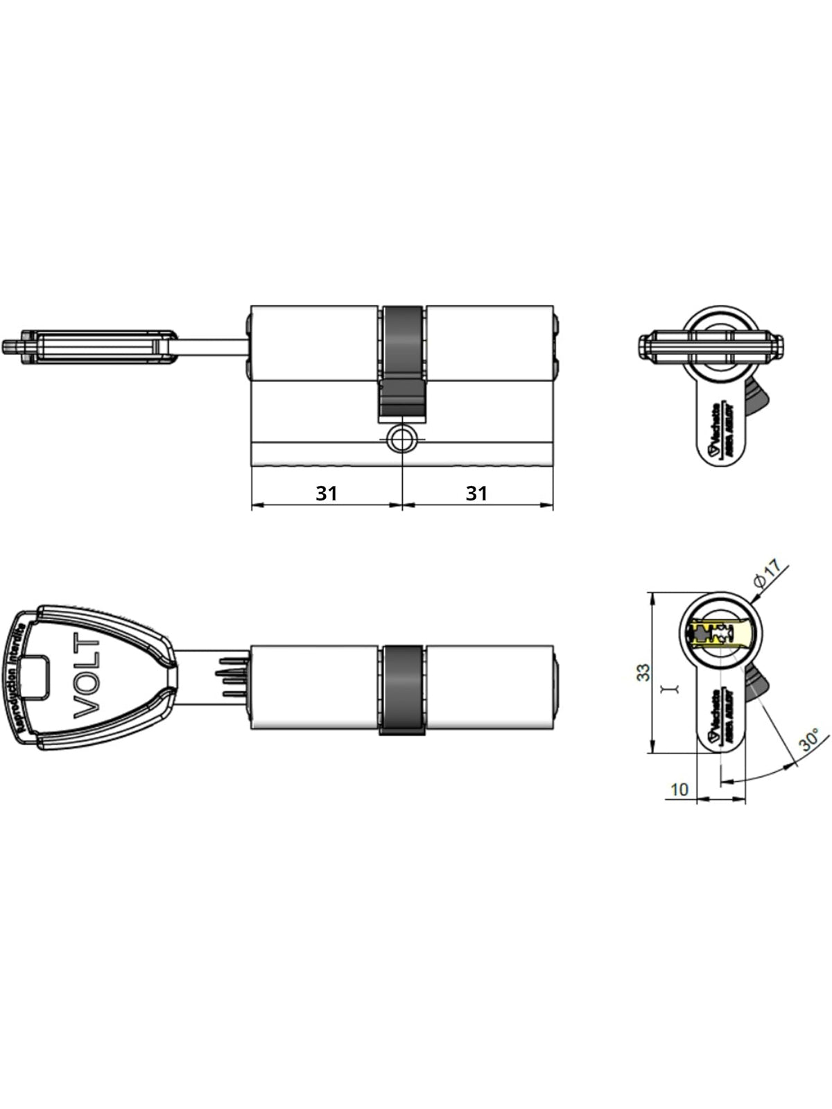 Vachette 67101 voltafcs/SC Zylinder Nickel 30 x 30 mm 4 Schlüssel Haustür