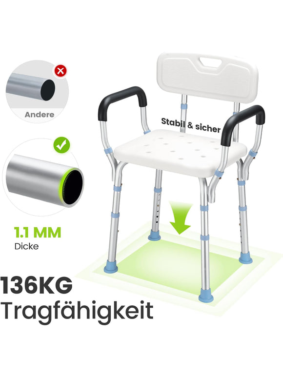 HEAO Duschstuhl mit Rückenlehne und Armlehnen höhenverstellbar 41-53cm bis 136kg