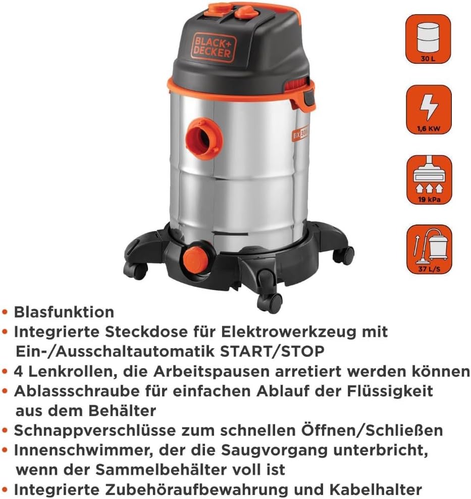 BLACK+DECKER Nass,-Trockensauger BXVC30XTDE mit Integrierter Steckdose 1600W 30L