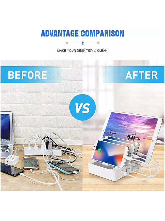 Multifunktionale USB-Ladestation mit 4 Ports und 4 Ladekabel für Handy Laptop