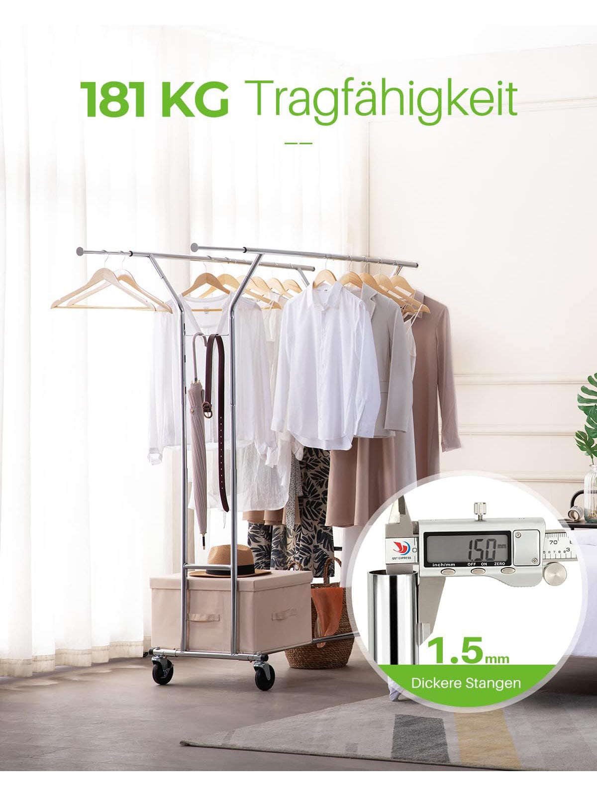 HOKEEPER Schwerlast Kleiderständer bis 181 kg ausziehbare Kleiderstange Rollen