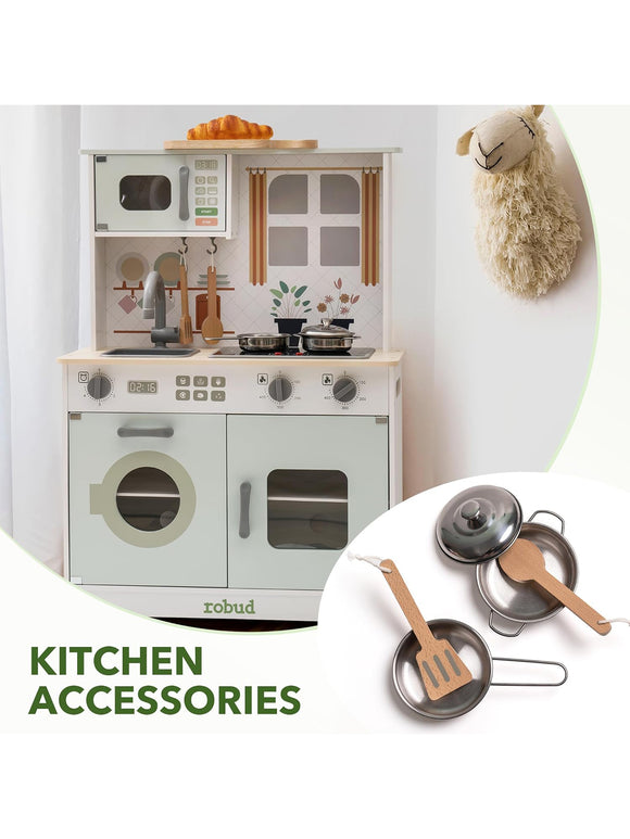 ROBUD Kinderküche Spielküchenset aus Holz für Kinder Zubehör Pfannen Wasserhahn