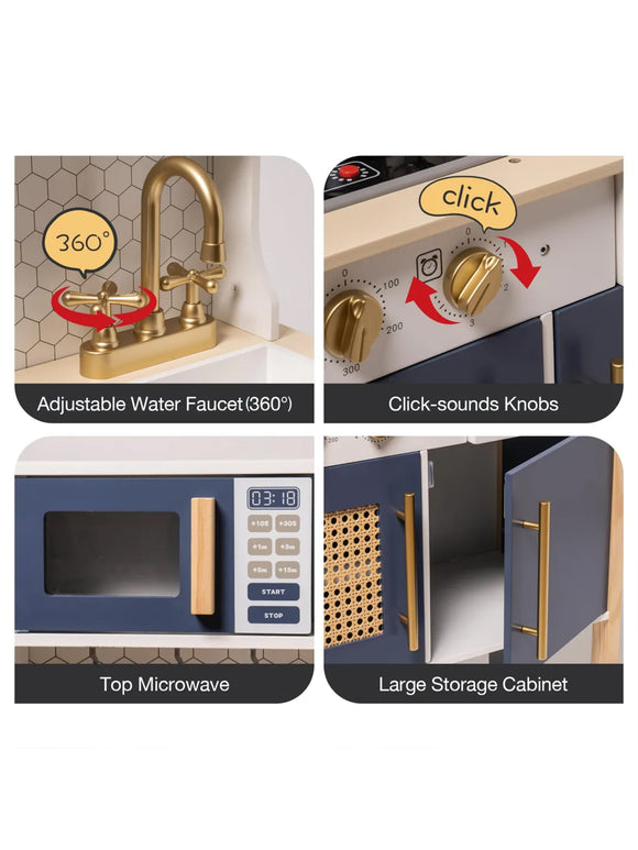 ROBUD Kinderküche Spielküche Set Holz Vintage mit Zubehör Wasserhahn Töpfe Blau