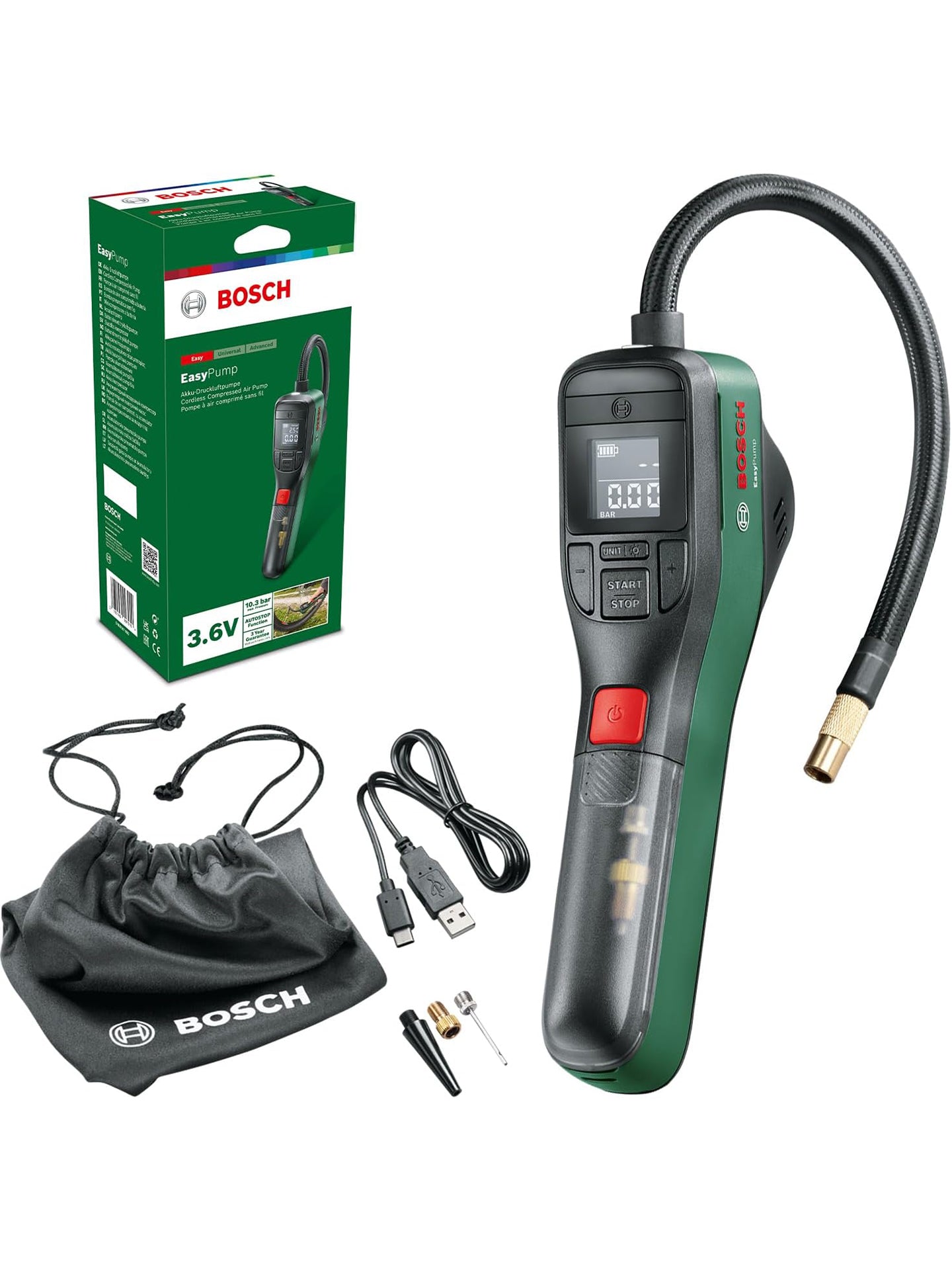 Bosch elektrische Fahrradpumpe Luftpumpe Mini Kompressor EasyPump 3,0 Ah 3,6 V