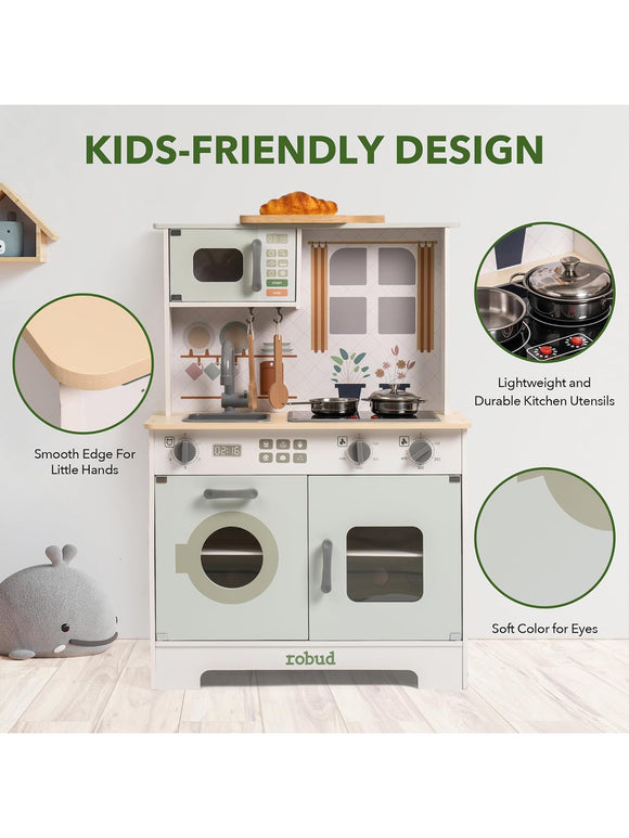 ROBUD Kinderküche Spielküchenset aus Holz für Kinder Zubehör Pfannen Wasserhahn
