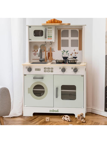 ROBUD Kinderküche Spielküchenset aus Holz für Kinder Zubehör Pfannen Wasserhahn