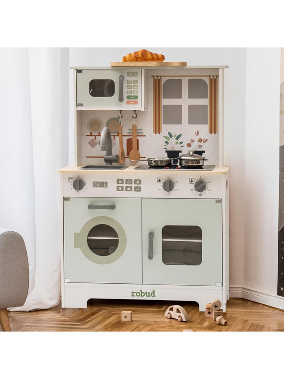 ROBUD Kinderküche Spielküchenset aus Holz für Kinder Zubehör Pfannen Wasserhahn