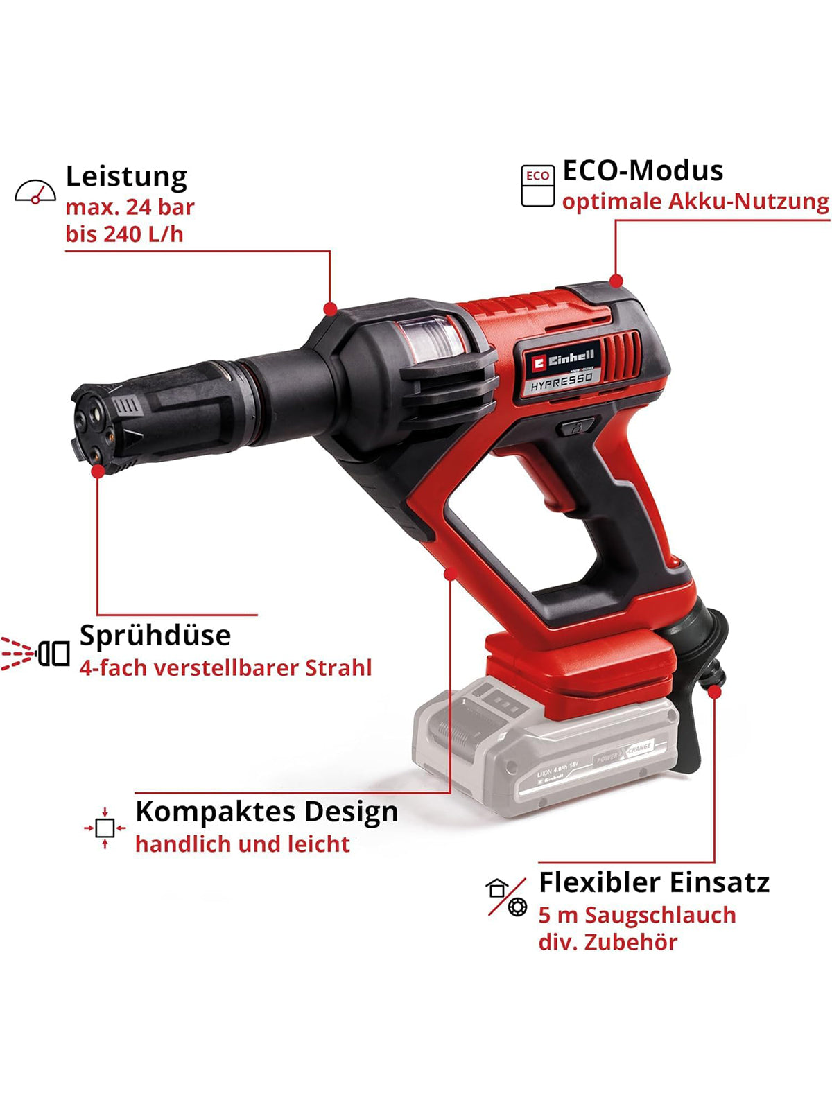 Einhell Akku-Druckreinigerpistole HYPRESSO 18/24-1 240 L/h 18V mit Zubehör