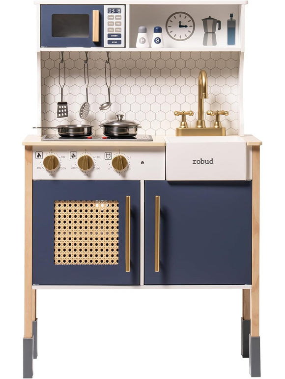 ROBUD Kinderküche Spielküche Set Holz Vintage mit Zubehör Wasserhahn Töpfe Blau