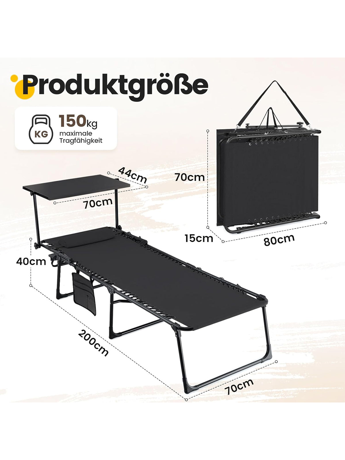 KING BIRD Sonnenliege mit Sonnenschutz klappbar Liegestuhl 190x70x40 cm Schwarz