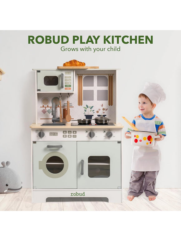 ROBUD Kinderküche Spielküchenset aus Holz für Kinder Zubehör Pfannen Wasserhahn