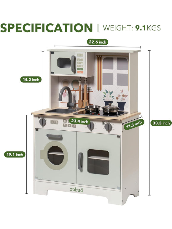 ROBUD Kinderküche Spielküchenset aus Holz für Kinder Zubehör Pfannen Wasserhahn