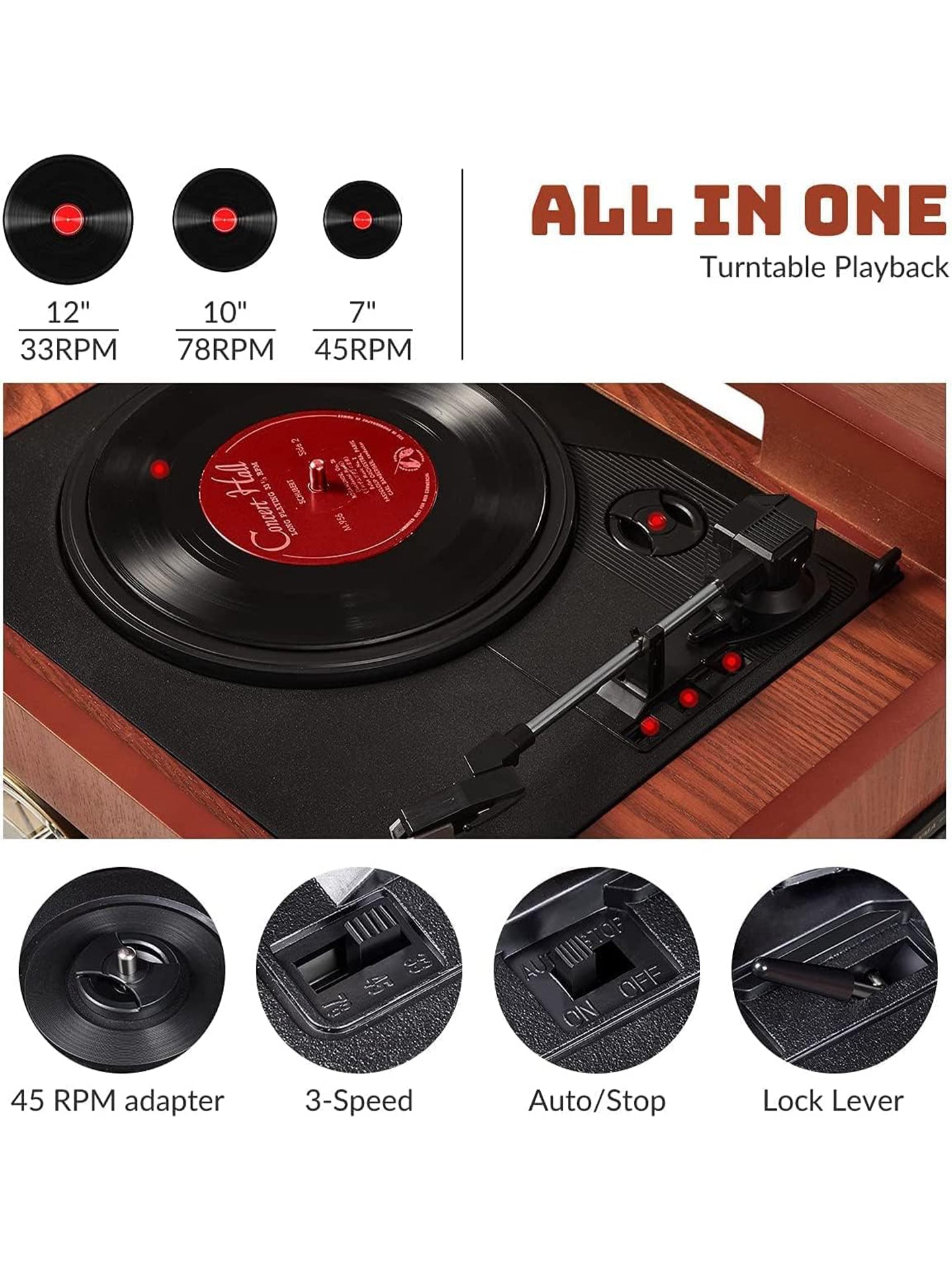 ORCC 10 in 1 Plattenspieler für Schallplatten mit Bluetooth Lautsprecher FM USB