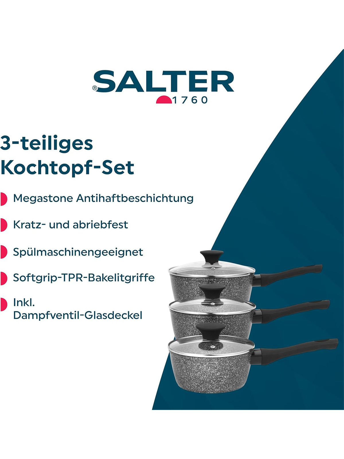 SALTER Megastone Kochtopfset 3-teilig Antihaft mit Hartglas Deckel und Dampfdüse