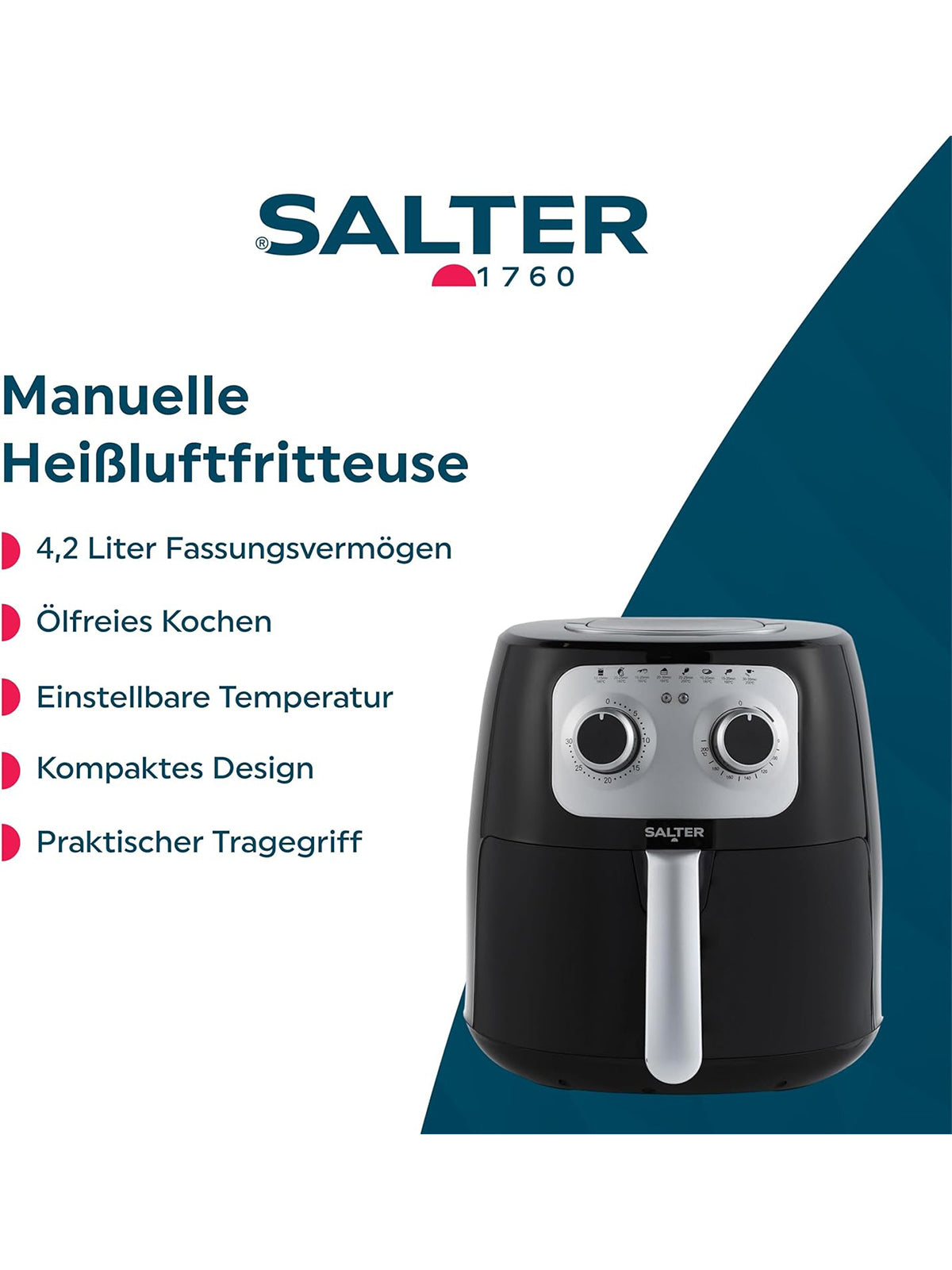 Salter Heißluftfritteuse 4,2 L Ölfreier Multikocher mit Timer Antihaft 1300 W