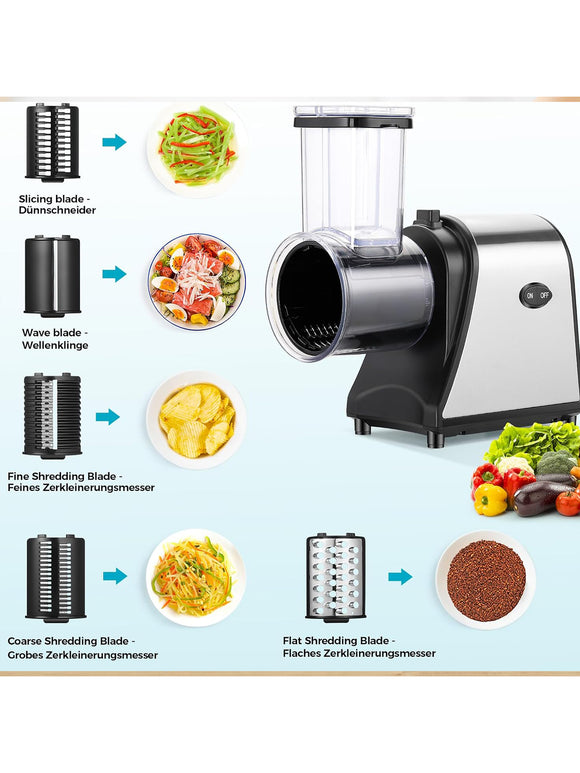 Nictemaw Gemüseschneider Gemüsehobel Elektrisch Edelstahl 250W L-Size 5 Klingen
