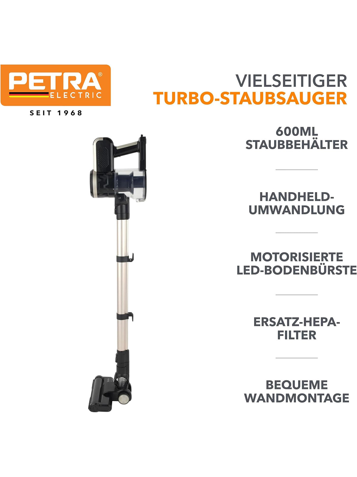 Petra Turbo-Staubsauger 600W 2-in-1 Stiel- und Handstaubsauger 600ml Behälter