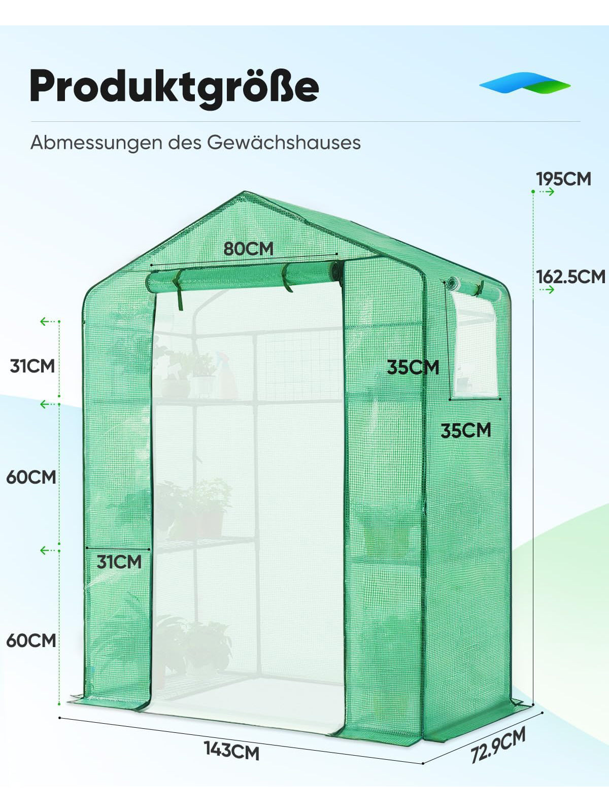 Quictent Foliengewächshaus 195 x143 x 73 cm Begehbar 6 Ablageflächen 140 g/m²