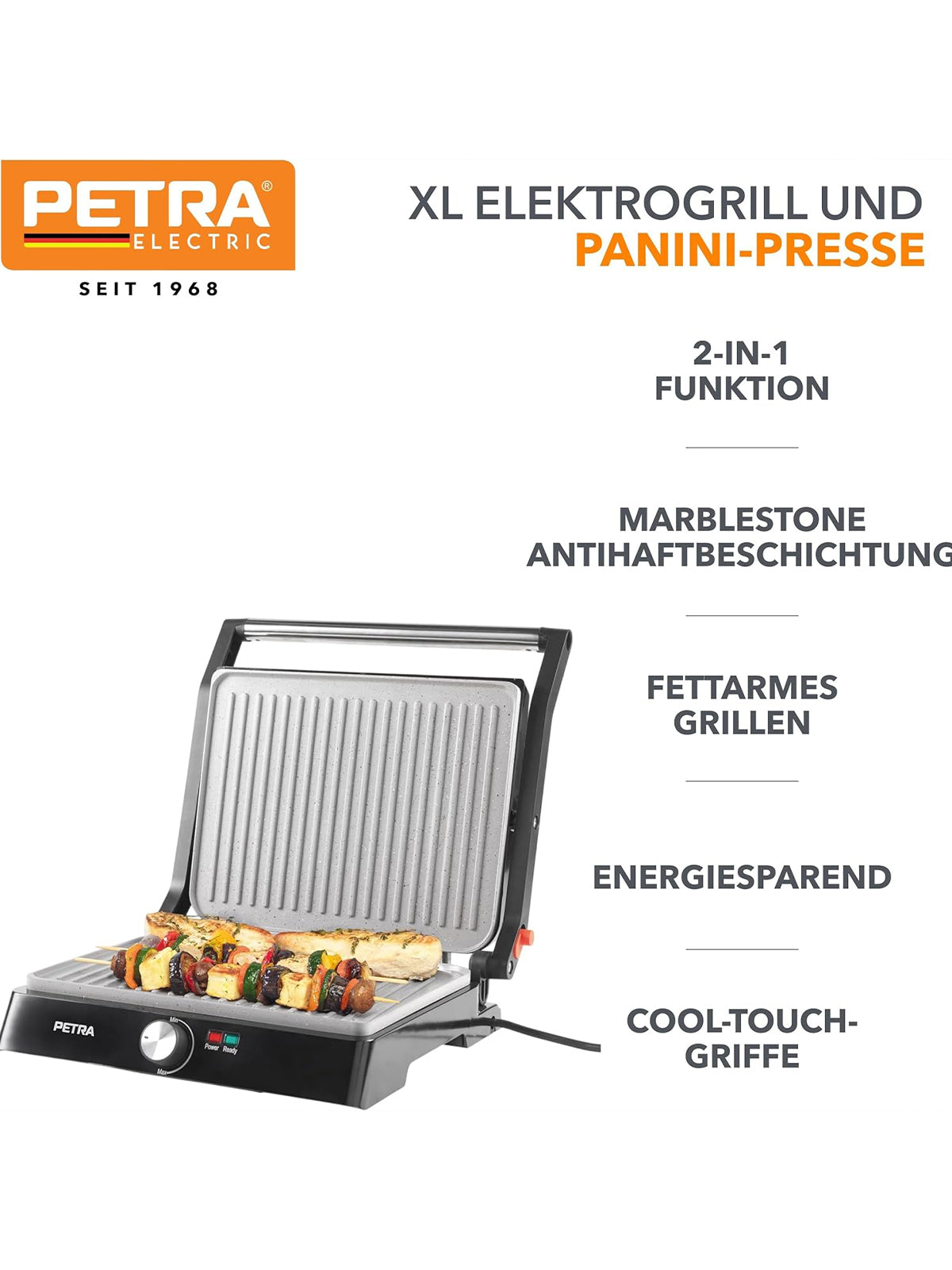 Petra XL 180° Elektrogrill und Panini-Presse Sandwichtoaster Tischgrill Antihaft