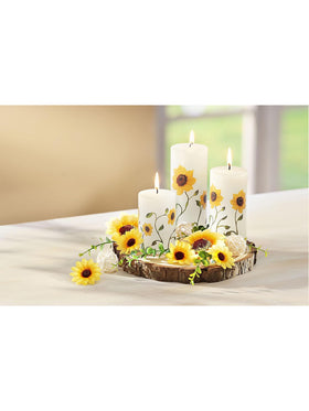 Kerzenset Girasole 3 Kerzen mit Sonnenblumen-Dekor Baumscheibe als Teller Deko