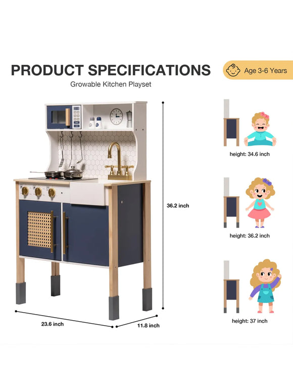 ROBUD Kinderküche Spielküche Set Holz Vintage mit Zubehör Wasserhahn Töpfe Blau