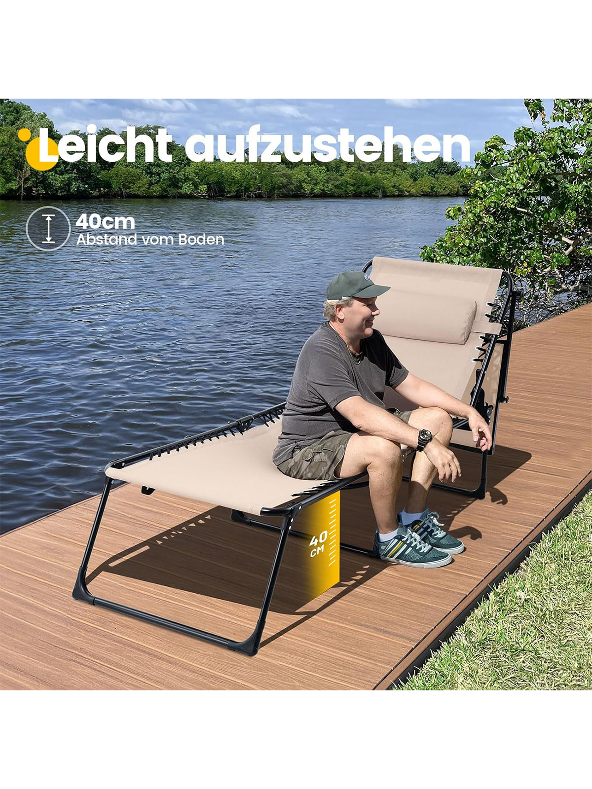 KING BIRD Sonnenliege mit Sonnenschutz klappbar Liegestuhl 190x70x40 cm Beige