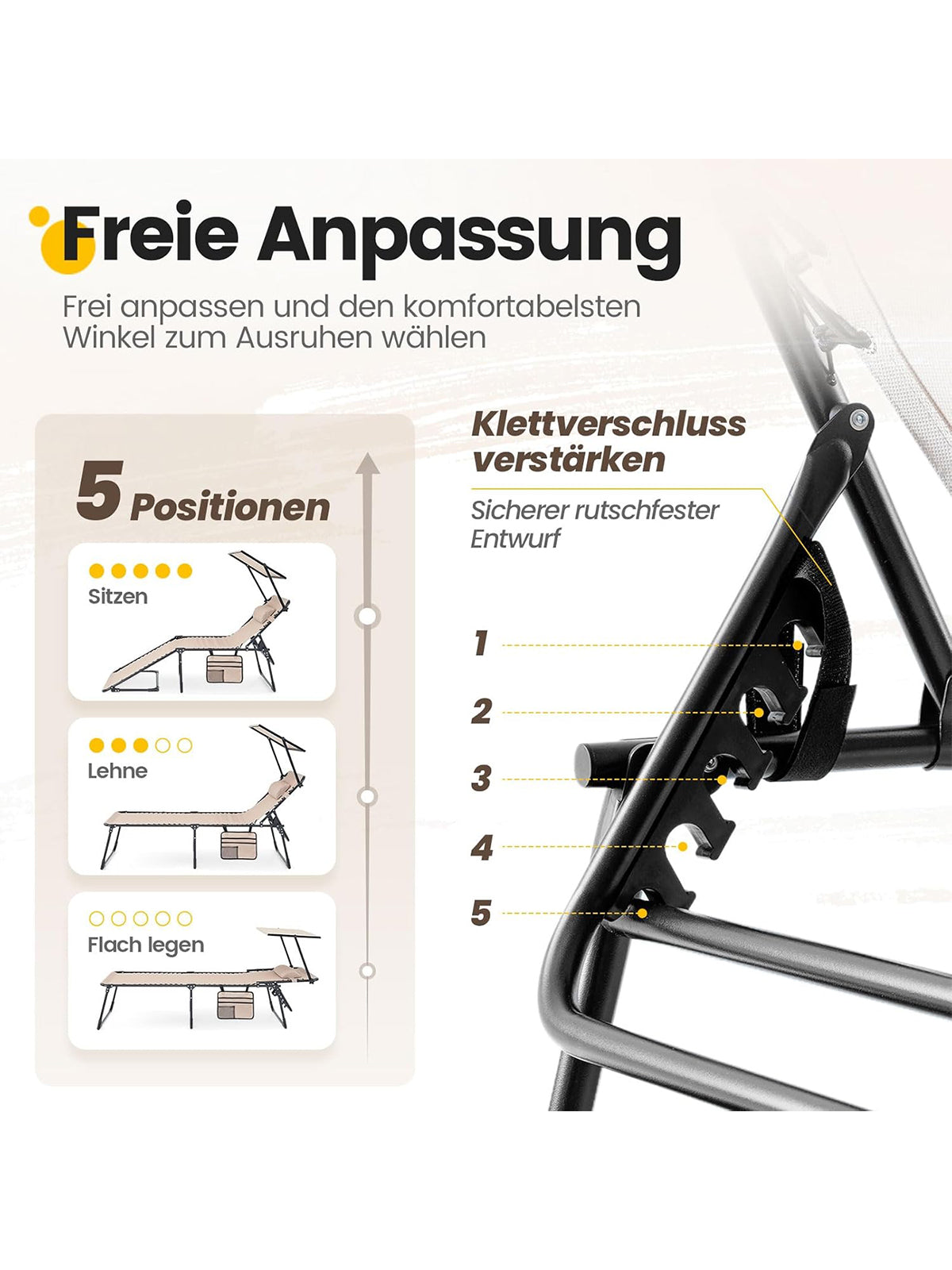 KING BIRD Sonnenliege mit Sonnenschutz klappbar Liegestuhl 190x70x40 cm Beige
