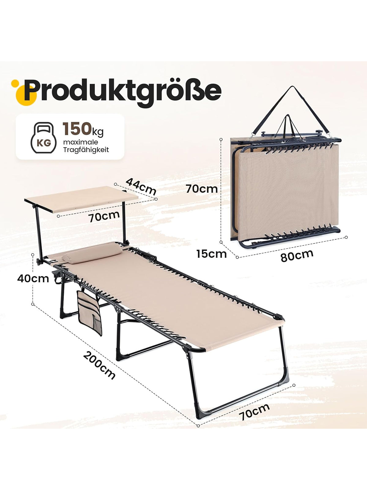 KING BIRD Sonnenliege mit Sonnenschutz klappbar Liegestuhl 190x70x40 cm Beige