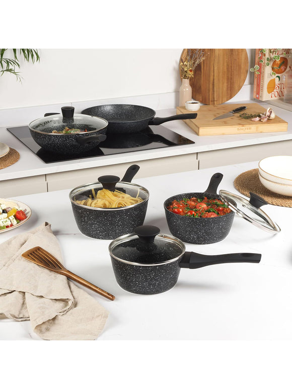 SALTER Megastone Kochtopfset 3-teilig Antihaft mit Hartglas Deckel und Dampfdüse