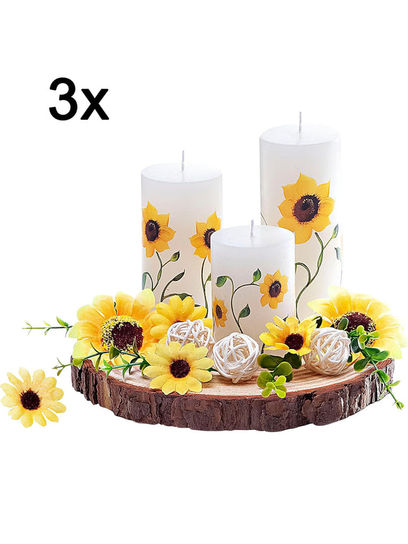 3x Kerzenset Girasole 3 Kerzen Sonnenblumen-Dekor Baumscheibe als Teller Deko