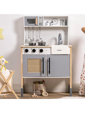 ROBUD Kinderküche Spielküchenset aus Holz für Kinder mit Zubehör Wasserhahn Grau