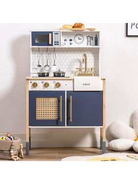 ROBUD Kinderküche Spielküche Set Holz Vintage mit Zubehör Wasserhahn Töpfe Blau