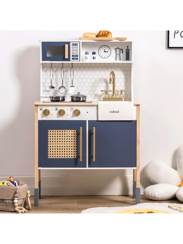 ROBUD Kinderküche Spielküche Set Holz Vintage mit Zubehör Wasserhahn Töpfe Blau