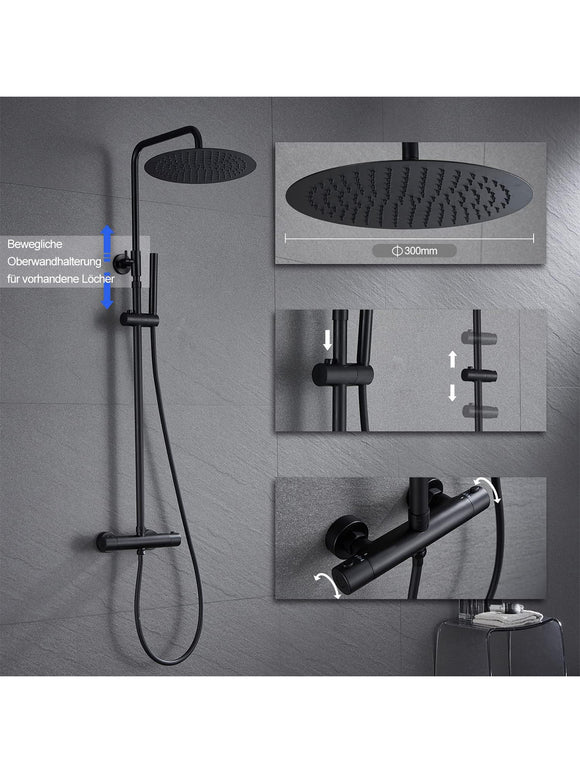 JOHO Thermostat Duschset Duschsystem mit XXL Regenduschkopf 30 cm Schwarz Rund
