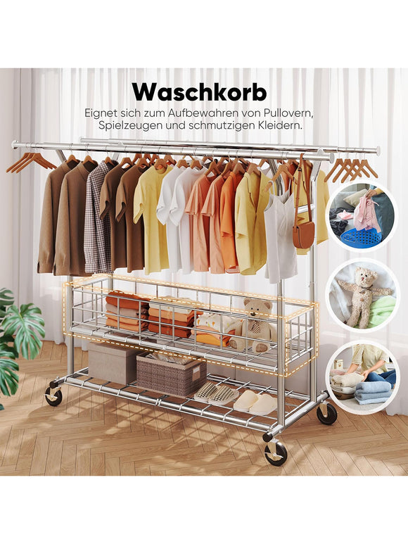HOKEEPER Doppelter Kleiderständer auf Rollen Kleiderstange 3-in-1 bis 283 kg