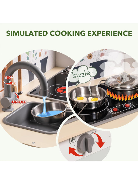 ROBUD Kinderküche Spielküchenset aus Holz für Kinder Zubehör Pfannen Wasserhahn