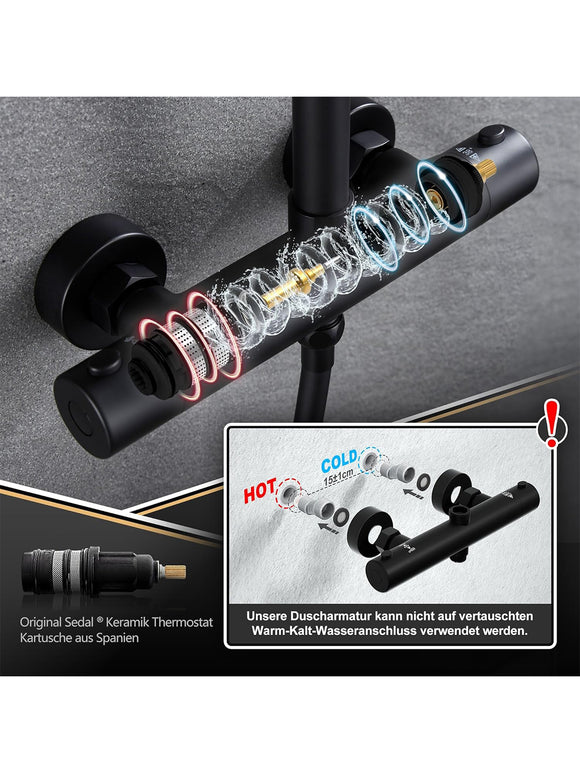 JOHO Thermostat Duschset Duschsystem mit XXL Regenduschkopf 30 cm Schwarz Rund