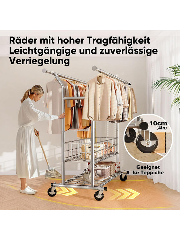 HOKEEPER Doppelter Kleiderständer auf Rollen Kleiderstange 3-in-1 bis 283 kg
