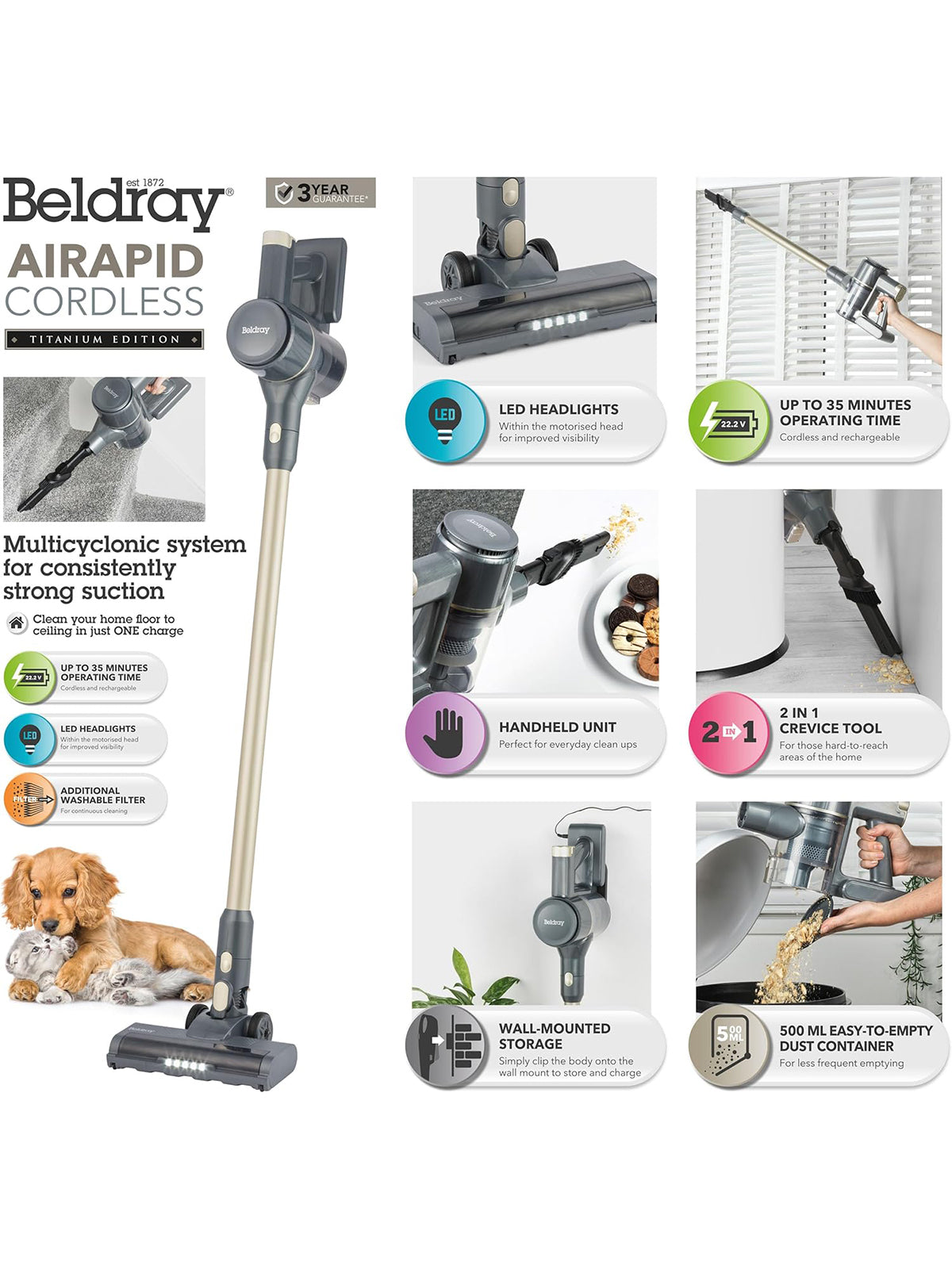 Beldray Airapid 2in1 Akku-Staubsauger Handstaubsauger LED-Bodenbürste 22,2 V