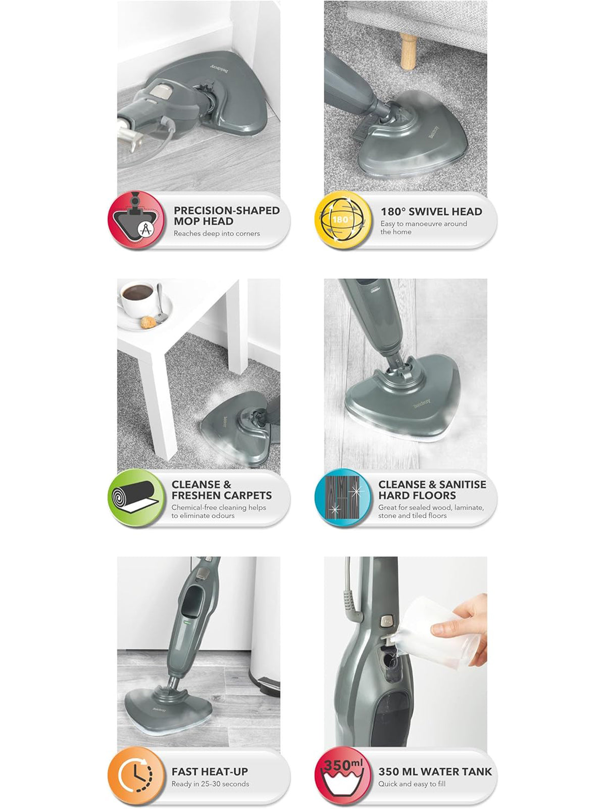 Beldray Clean & Refresh Dampfreiniger Dampfmopp Präzisionskopf 350 ml 1300W