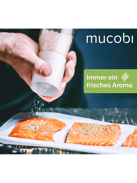 MUCOBI Salz und Pfeffermühle 2er Set mit Ständer aus Holz Keramikmahlwerk